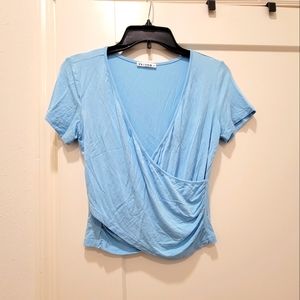 Light Blue, Deep V-Neck, Short Sleeve Crop Top